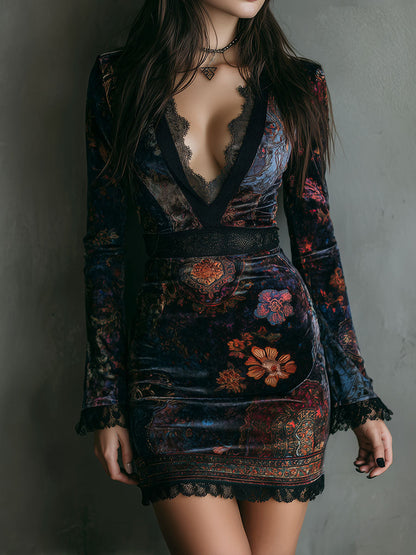 Lunara – Dames Fluwelen Mini Jurk met Bloemenprint, V-Hals en Kantdetails