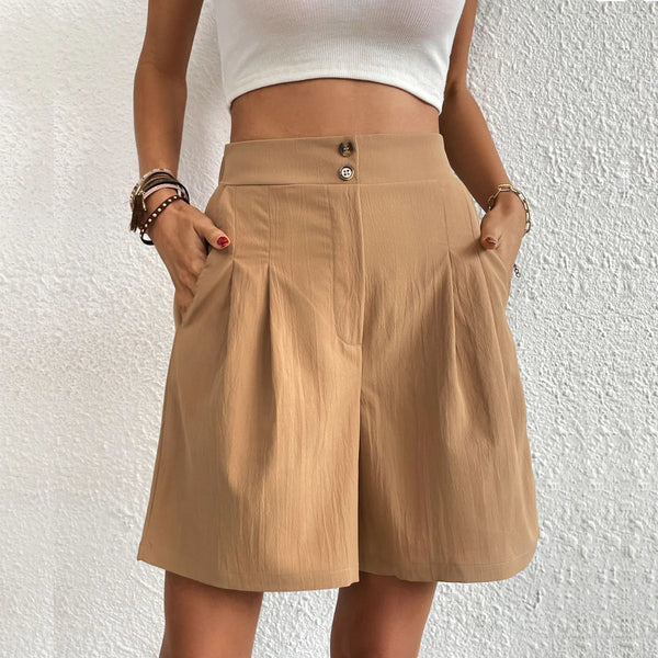Korte High-Waist Broek met Plooien en Knoopsluiting