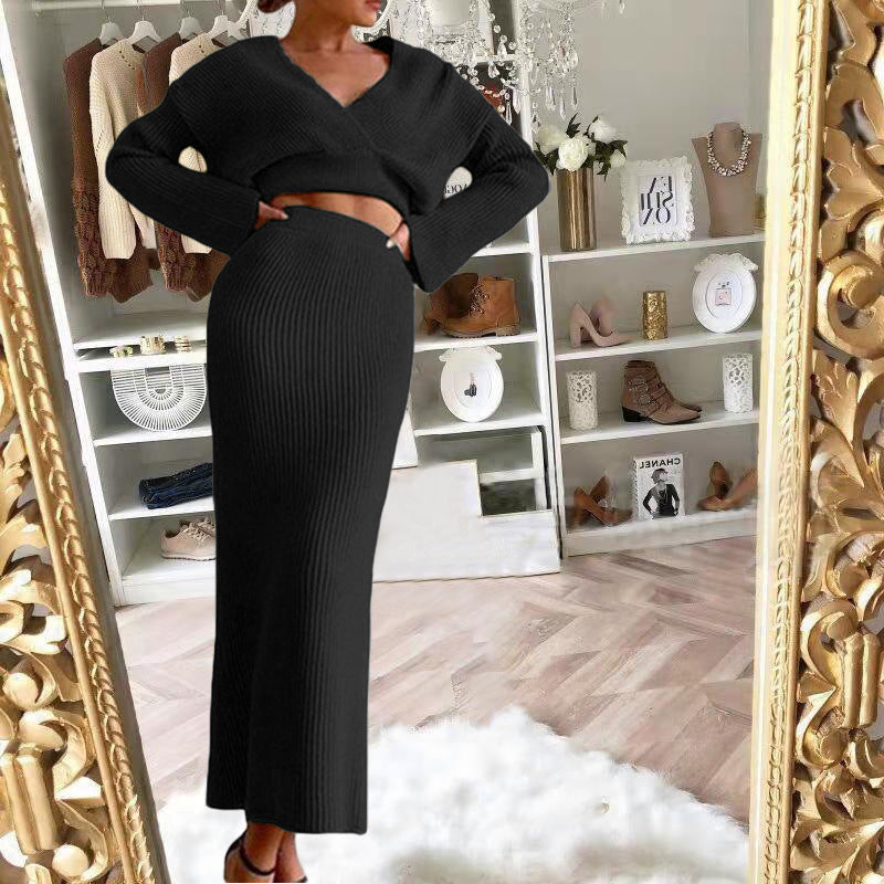 Dames Gebreide Set met Maxi Rok en V-Hals Trui