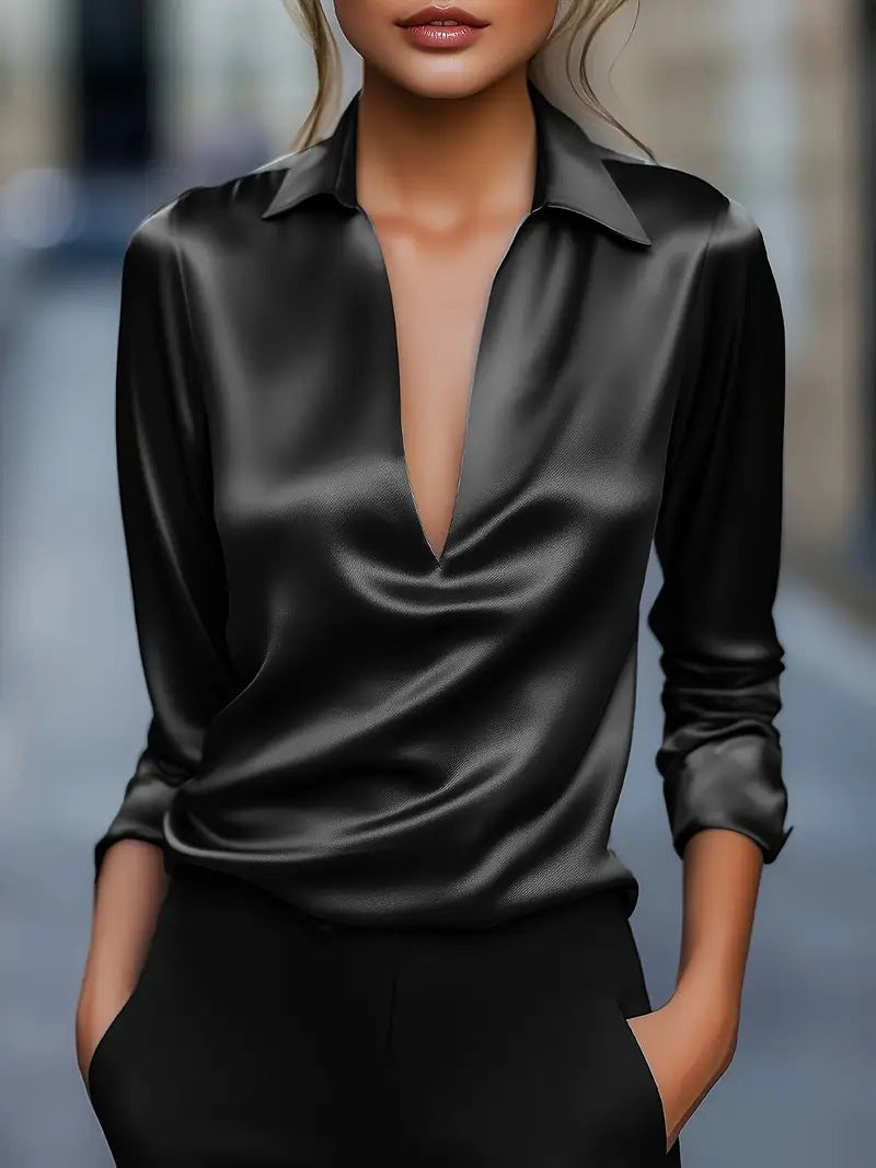 Dames Blouse Satijnen Look Havanna met V-hals Stijlvol