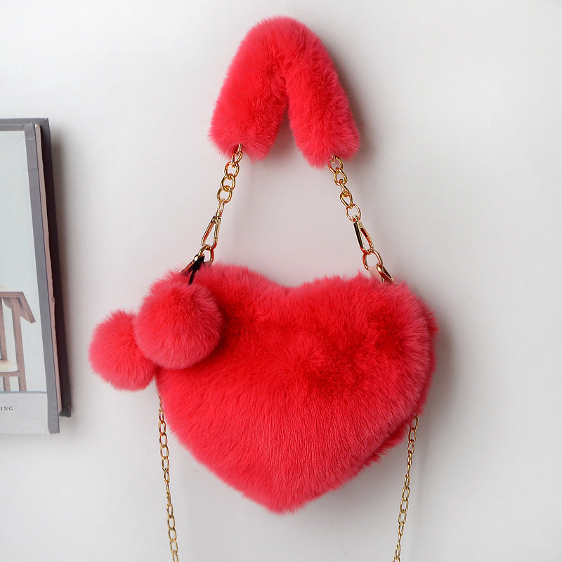 Dames Plush Handtas Hartvorm Met Ketting Detail