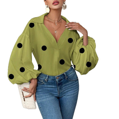 Dames Blouse met Ballon Mouwen en Grote Polka Dot Print
