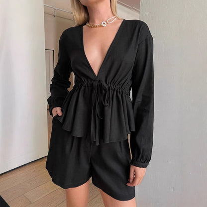 Dames Zomerset: Luchtige Tweedelige Set met V-Hals Top en Shorts