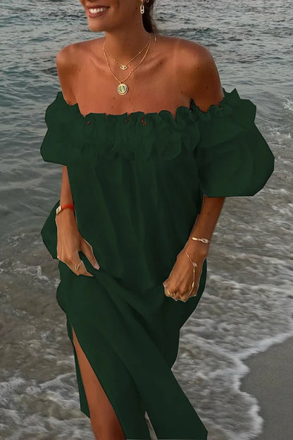 Mooie Jurk Off-the-shoulder Ruches en Pofmouwen Met Zakken