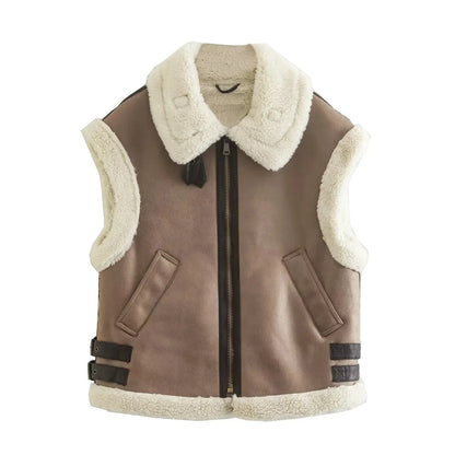 Dames Teddy Bodywarmer Zacht met Aviator Details