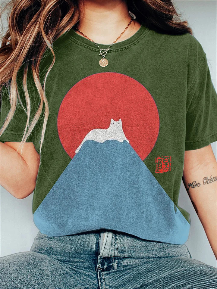 Katoenen T-shirt met Grappige Kat en Berg Print