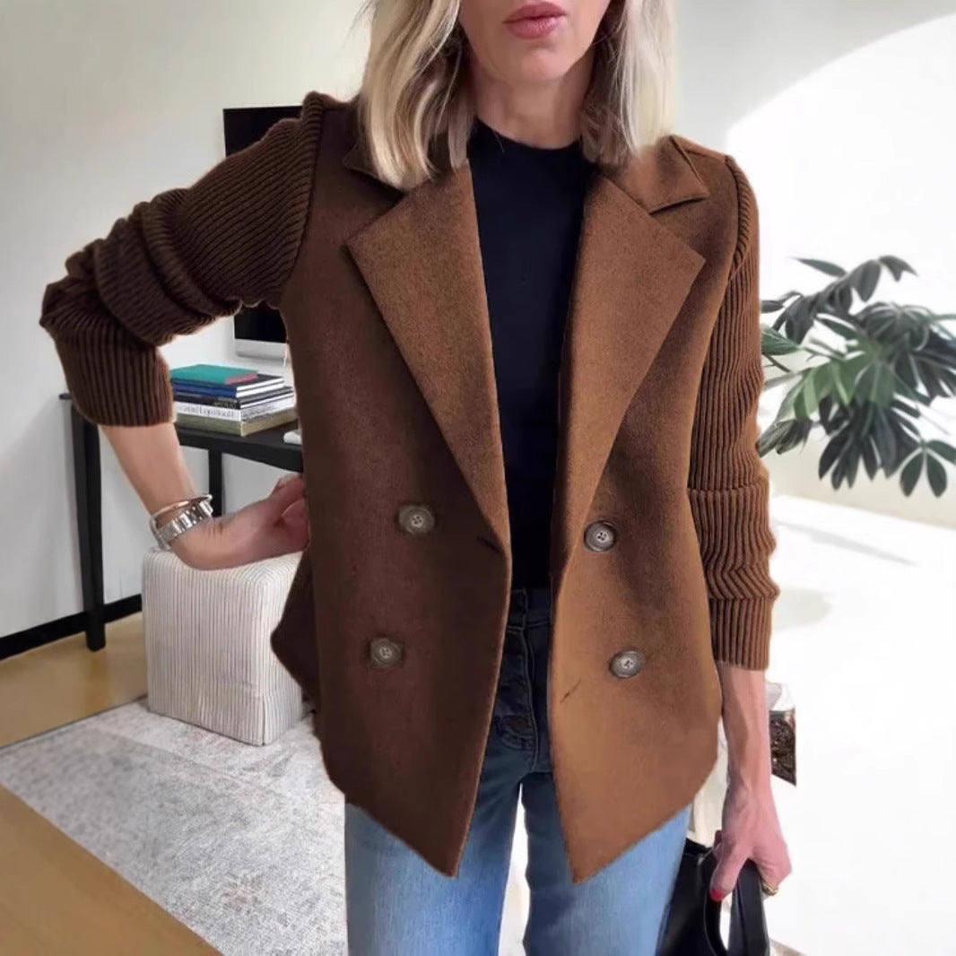 Dames Blazer Wollen Look Gebruik met Gebreide Mouwen en Dubbele Knoop
