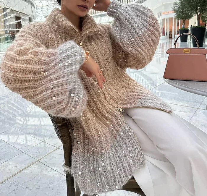 Gebreide Cardigan Pailletten Paars Feestelijk