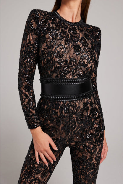 Vrouwelijke Jumpsuit Lange Mouw Met Pailletten en Kant