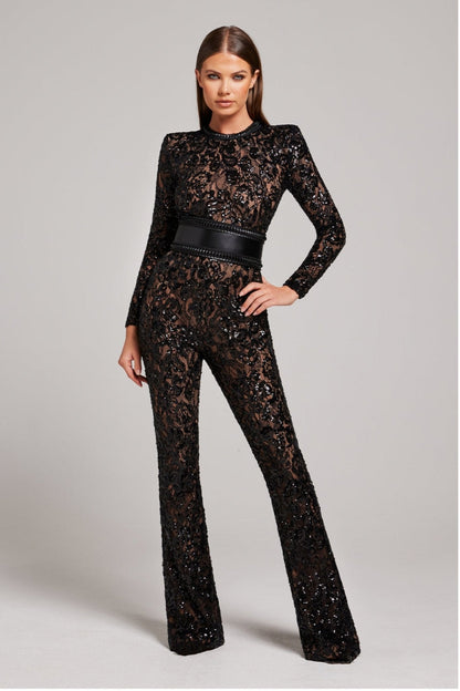 Vrouwelijke Jumpsuit Lange Mouw Met Pailletten en Kant