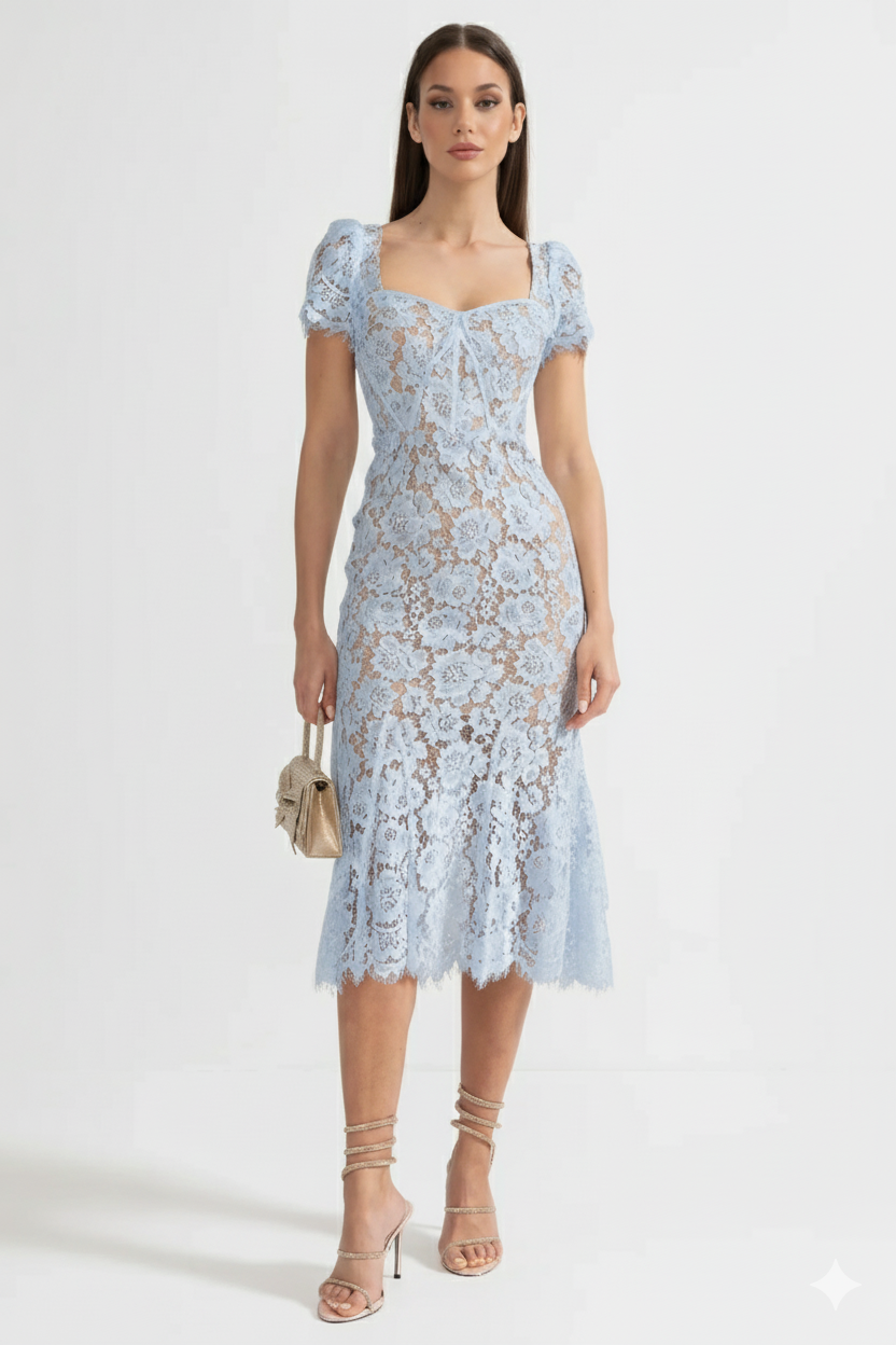 Korte Mouwen Kanten Jurk met Delicate Tailleband – Blauw