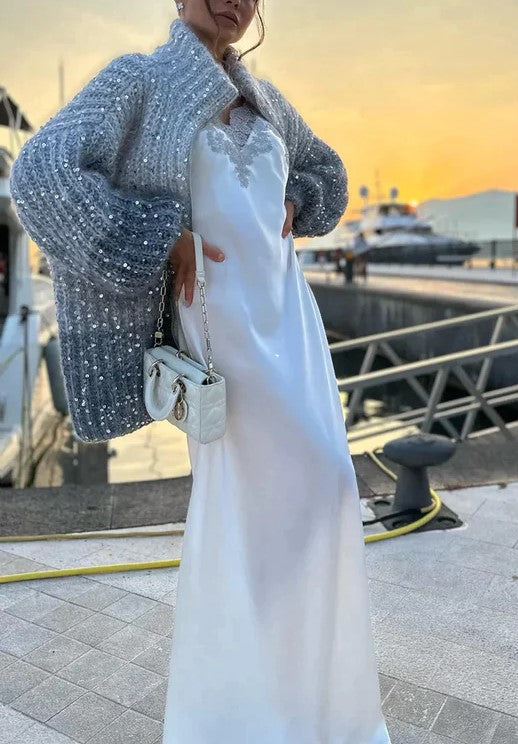 Gebreide Cardigan Pailletten Paars Feestelijk