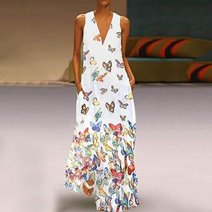 Mouwloze Zomerjurk Vlinderpatroon Maxi Jurk Malia - Mode Vibes