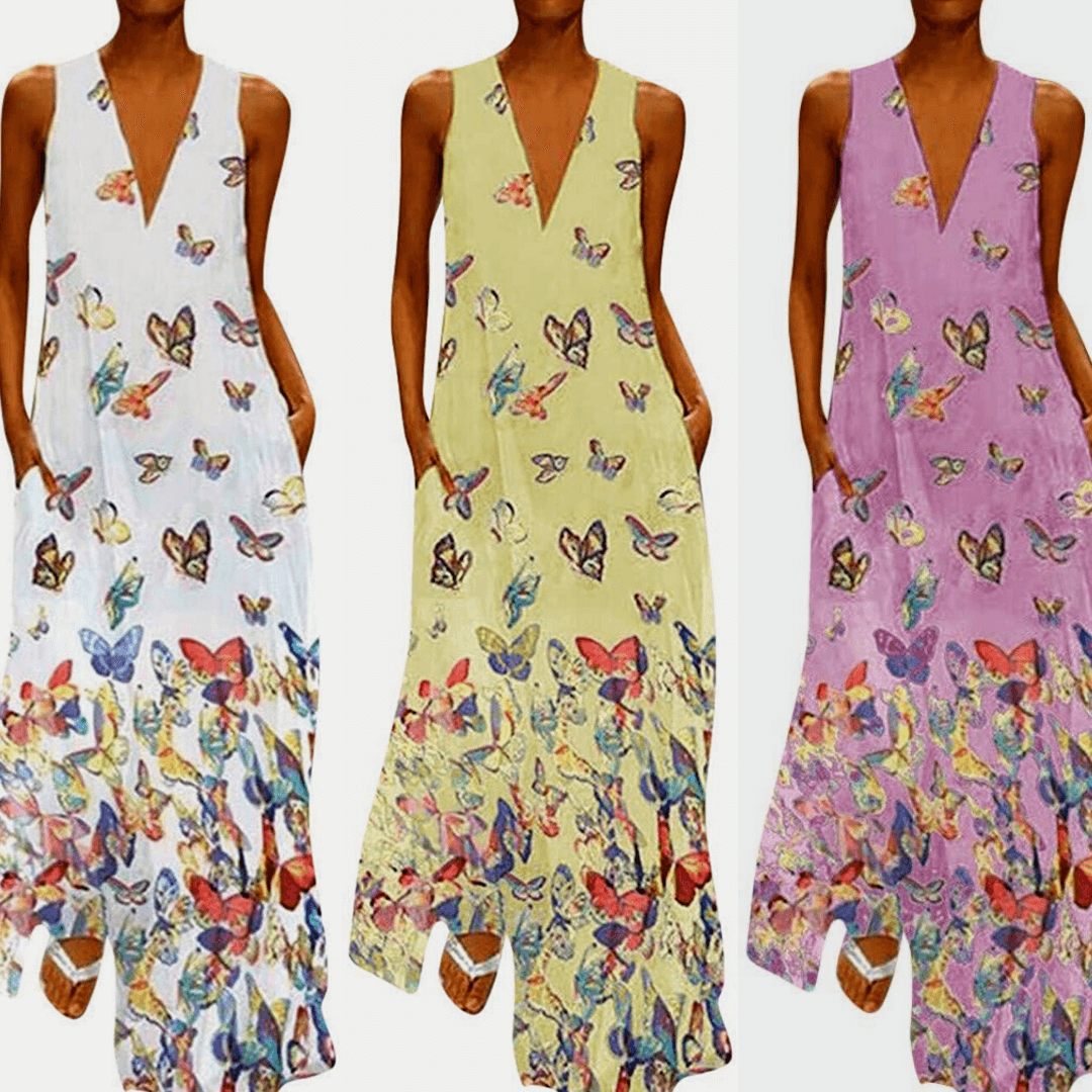 Mouwloze Zomerjurk Vlinderpatroon Maxi Jurk Malia