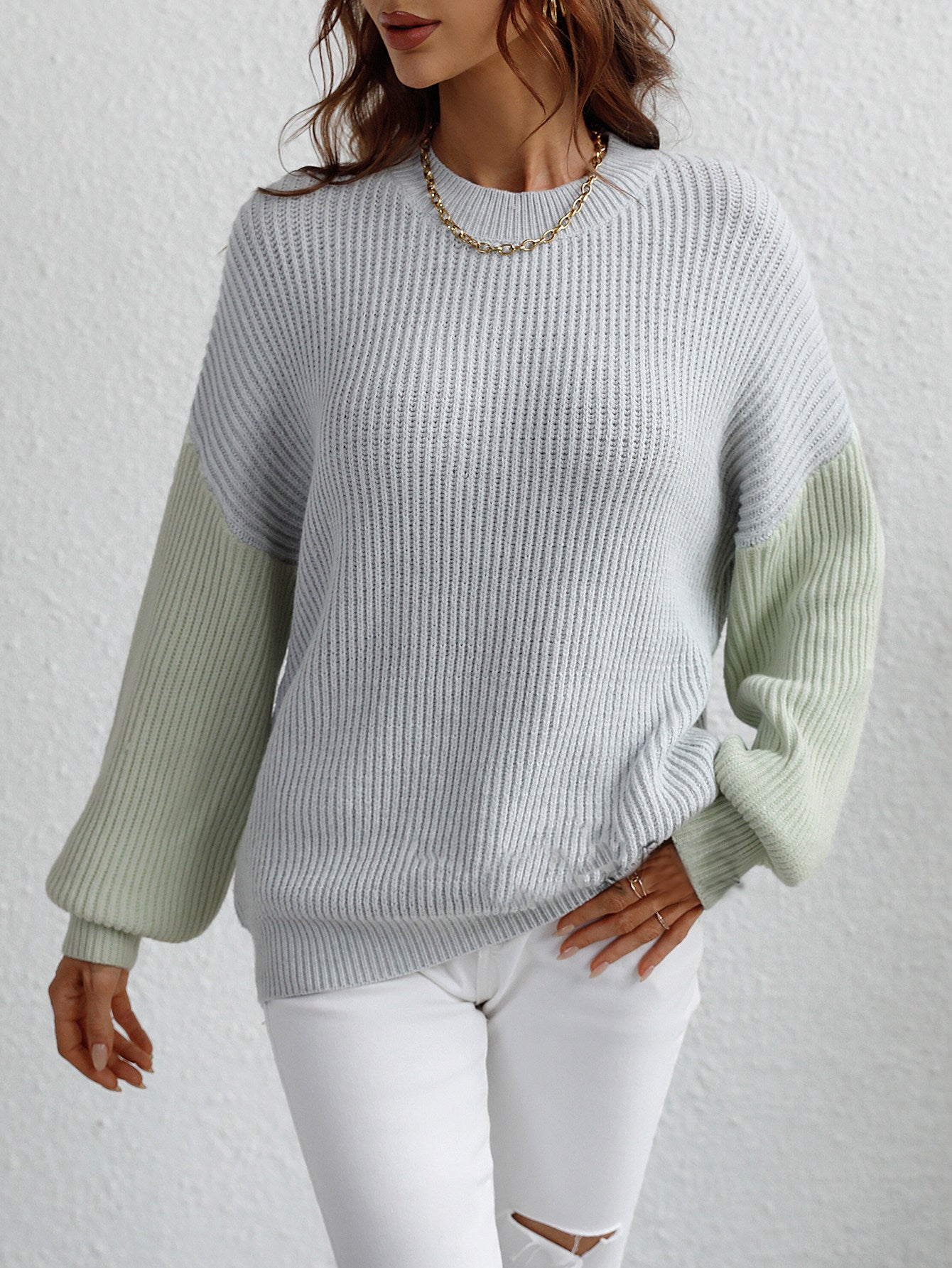 Dames Trui Ronde Hals met Contrasterende Mouwen Elegante Stijl