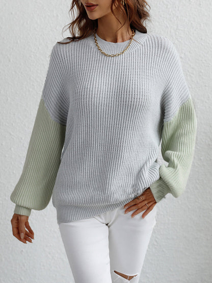 Dames Trui Ronde Hals met Contrasterende Mouwen Elegante Stijl
