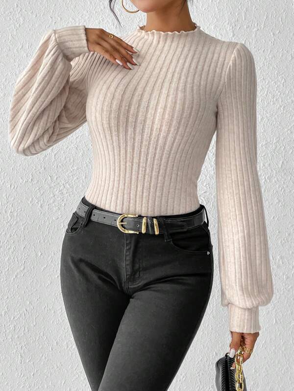 Dames Body Top met Pofmouwen en Geribde Pasvorm