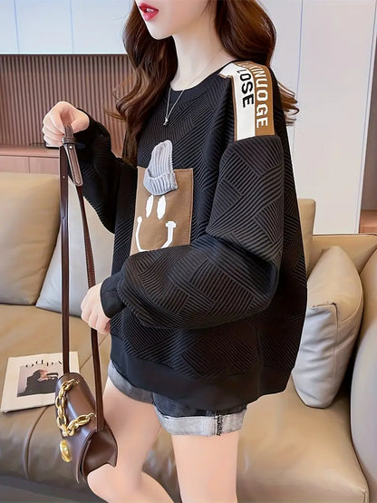 Dames Sweater 3D Cartoonprint Schouderdetails Uniek Design