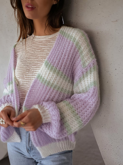 Dames Cardigan Gestreept Met Lanternmouwen Comfortabele Pasvorm