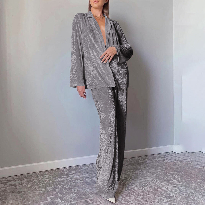 Dames Velvet Broekpak Lange Mouwen Shirt Tweedelig Set