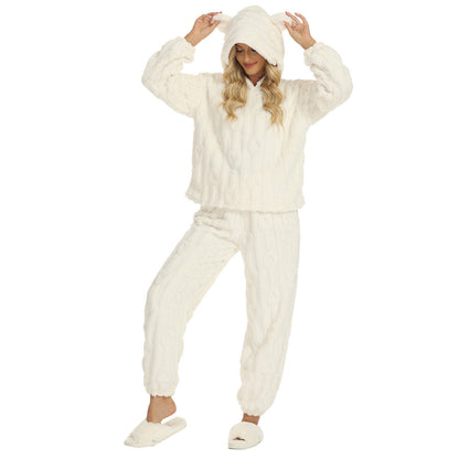 Dames Teddy Pyjama Set Zacht met Oortjes en Hartjes