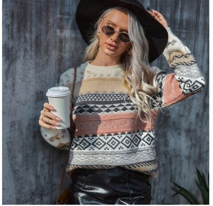 Dames Trui Warm Gebreid Aztec Print Rensy