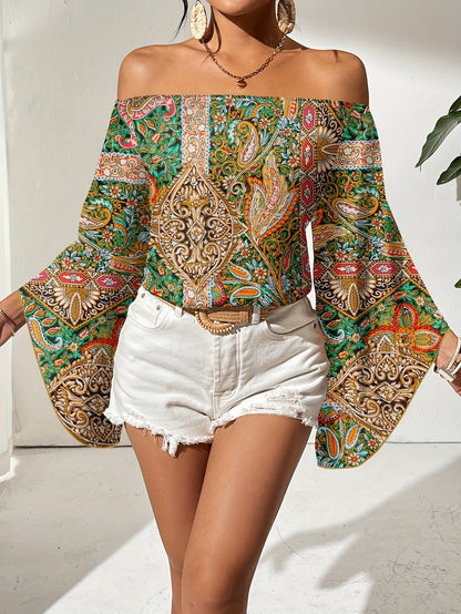 Vrouwelijke Blouse Off-Shoulder Geometrische Print