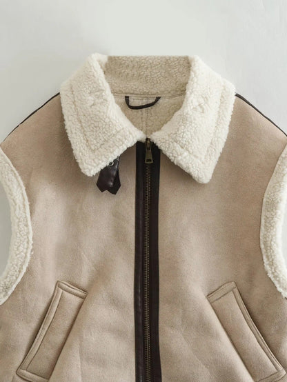 Dames Teddy Bodywarmer Zacht met Aviator Details