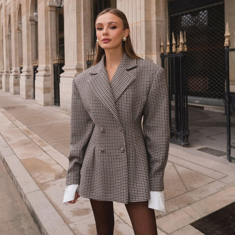 Dames Blazer Geruit met Plooien Stijlvol Design - Mode Vibes
