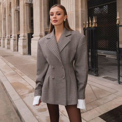Dames Blazer Geruit met Plooien Stijlvol Design - Mode Vibes