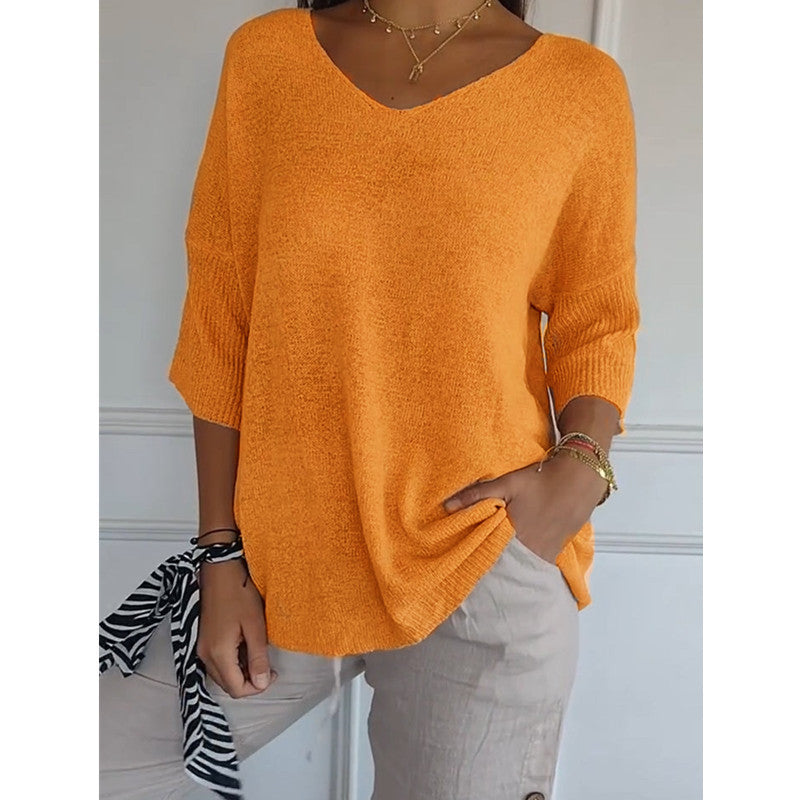 Dames Top Fijngebreide V-hals Driekwart Mouwen Casual Kleding