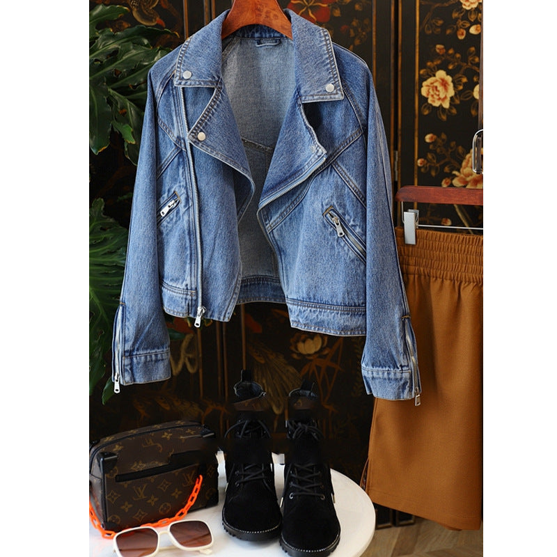 Dames Bikerjas Denim Streetwear Stijl Met Ritsen