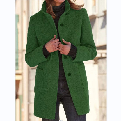 Dames Wollen Jas Elegante Opstaande Kraag Met Knopen