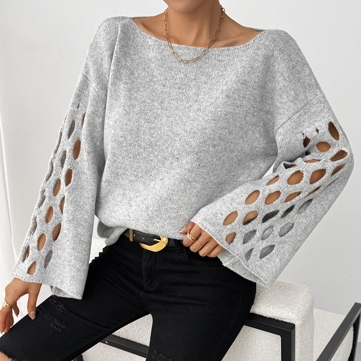 Dames Hals Sweater met Opengewerkte Mouwen Trendy Elegance