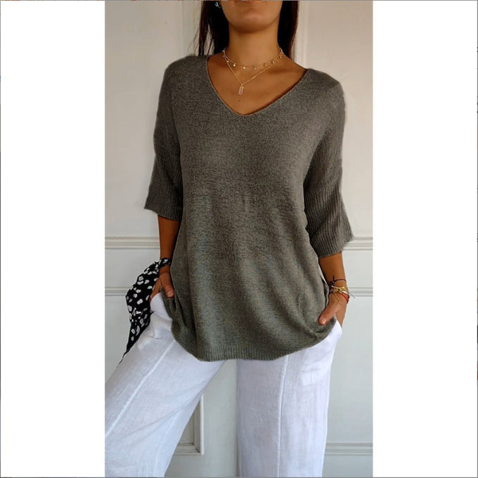 Dames Top Fijngebreide V-hals Driekwart Mouwen Casual Kleding