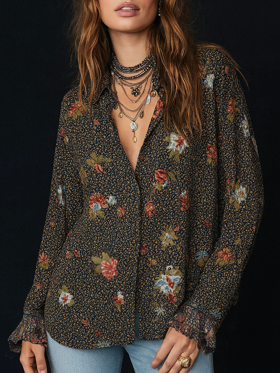 Elise – Dames Blouse met Bloemenprint, Ruches en Afgeronde Zoom