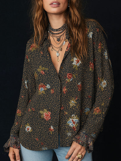 Elise – Dames Blouse met Bloemenprint, Ruches en Afgeronde Zoom