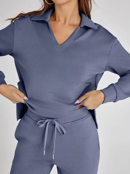 Dames Tweedelige Set met V-Hals Sweatshirt en Wijde Broek – Comfortabel & Stijlvol – Voor Herfst/Winter