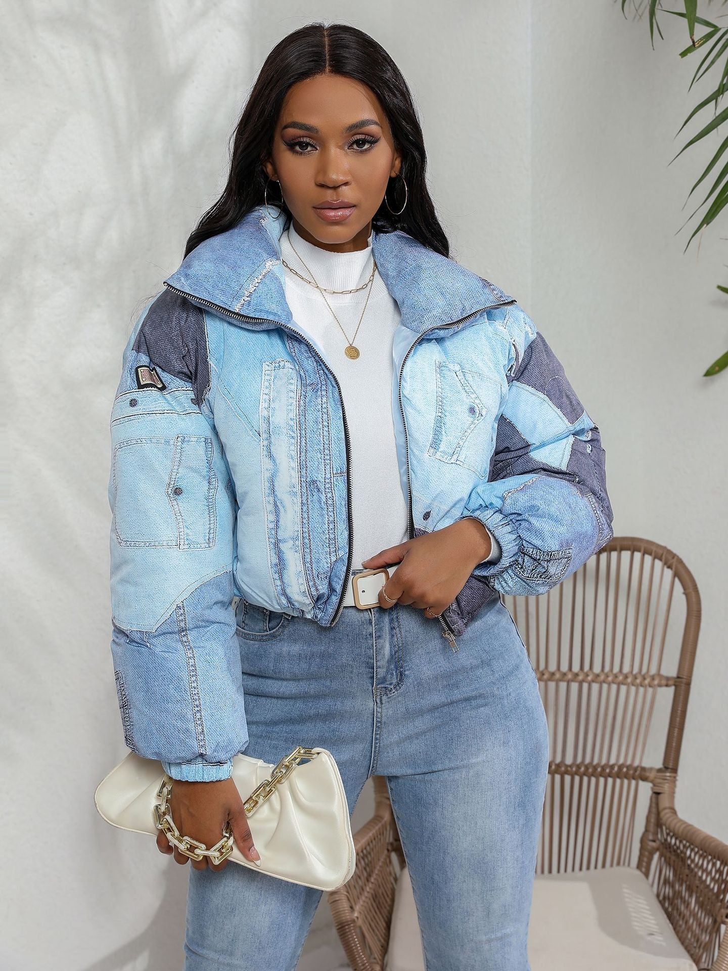 Dames Puffer Jas Warm Met Denim Print