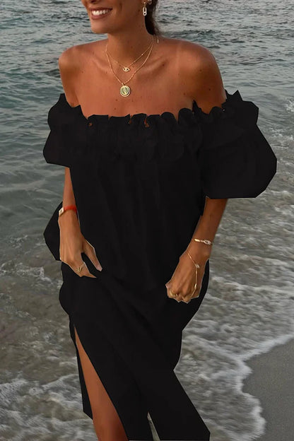 Mooie Jurk Off-the-shoulder Ruches en Pofmouwen Met Zakken