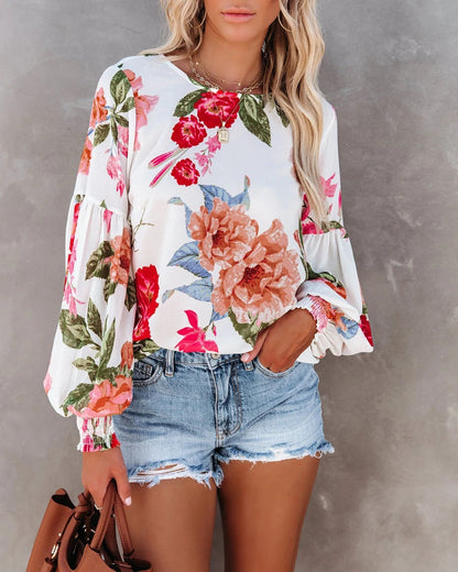 Dames Bloemen Top met Pofmouwen Stijlvol Modieus