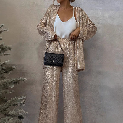 Dames Pailletten Set Feestelijk Tweedelig met Wijde Broek en Blazer - Mode Vibes