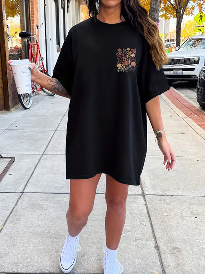 Bloemen T-shirtjurk Ronde Hals Zomerjurk Vrouw