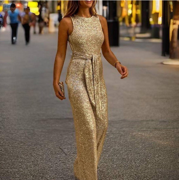 Glitter Jumpsuit Open Rug en Schouders Feestelijk Dameskleding