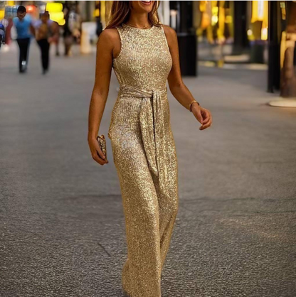 Glitter Jumpsuit Open Rug en Schouders Feestelijk Dameskleding