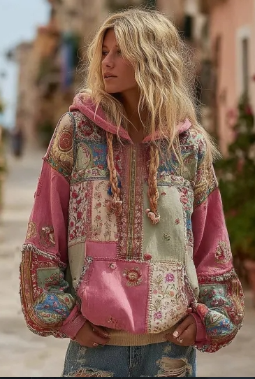 Dames Hoodie met Bloemen Print Vintage Stijl