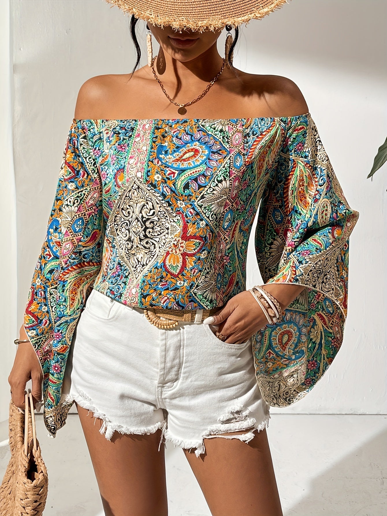 Vrouwelijke Blouse Off-Shoulder Geometrische Print