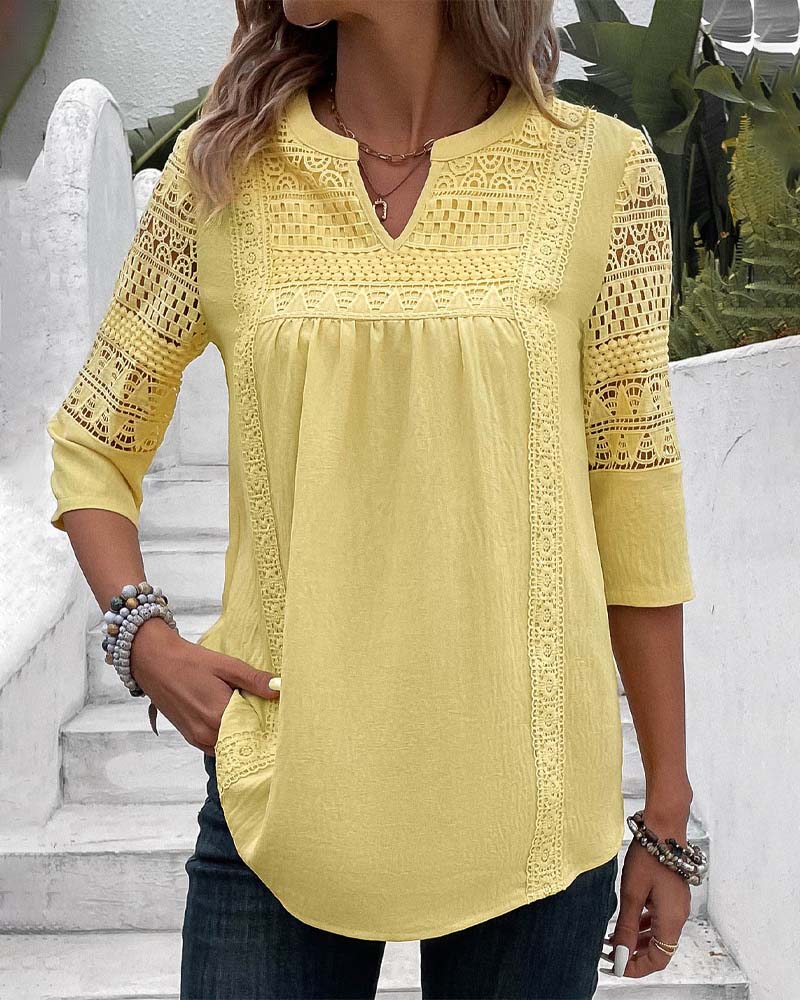Gele dames top met 3/4 mouwen - Mode Vibes