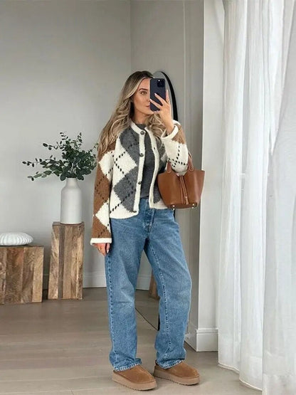 Gebreide Cardigan Geblokt Trendy Comfortabel
