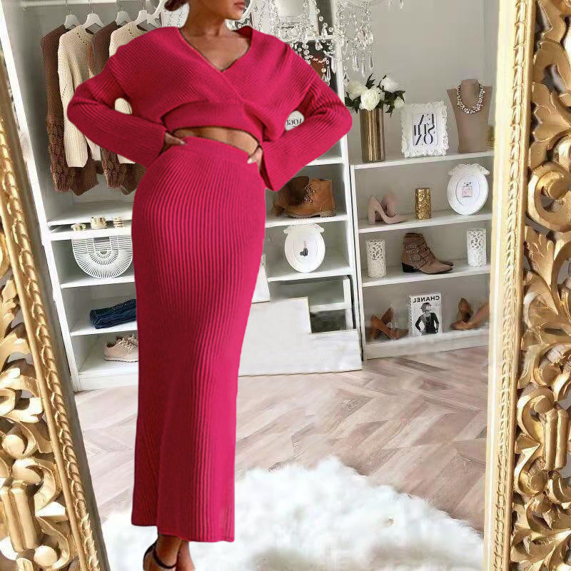 Dames Gebreide Set met Maxi Rok en V-Hals Trui